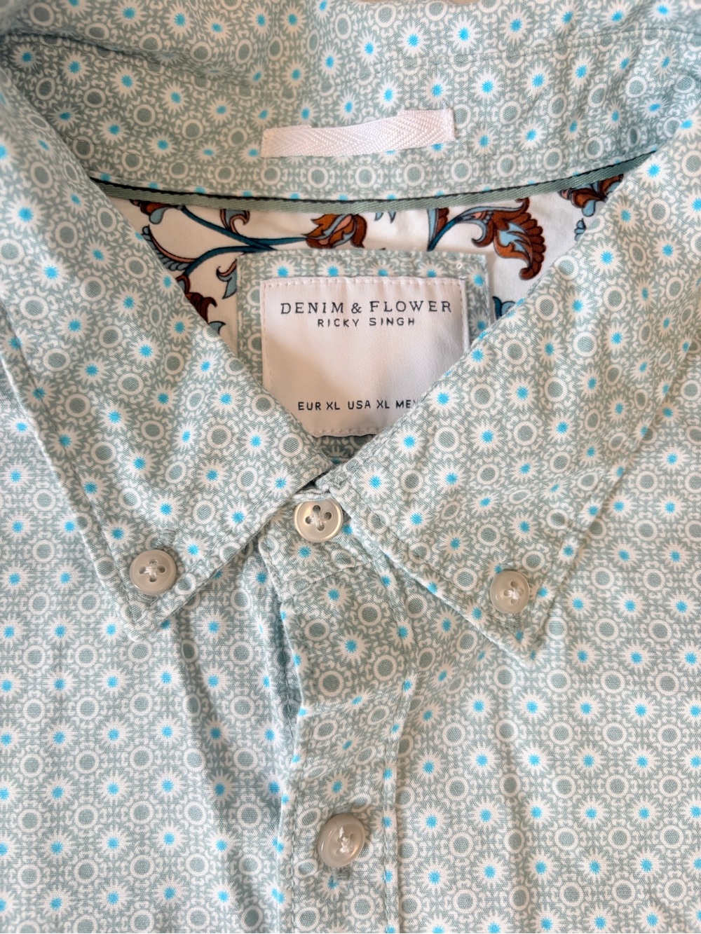 Denim & Flower Short Sleeve Button-Down Shirt in Light Mint Green Geo Print XL - Picture 6 of 10